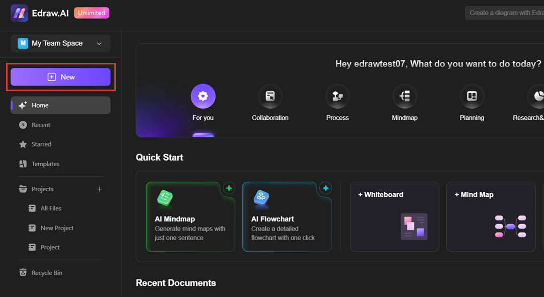 Edraw.AI home page left panel options
