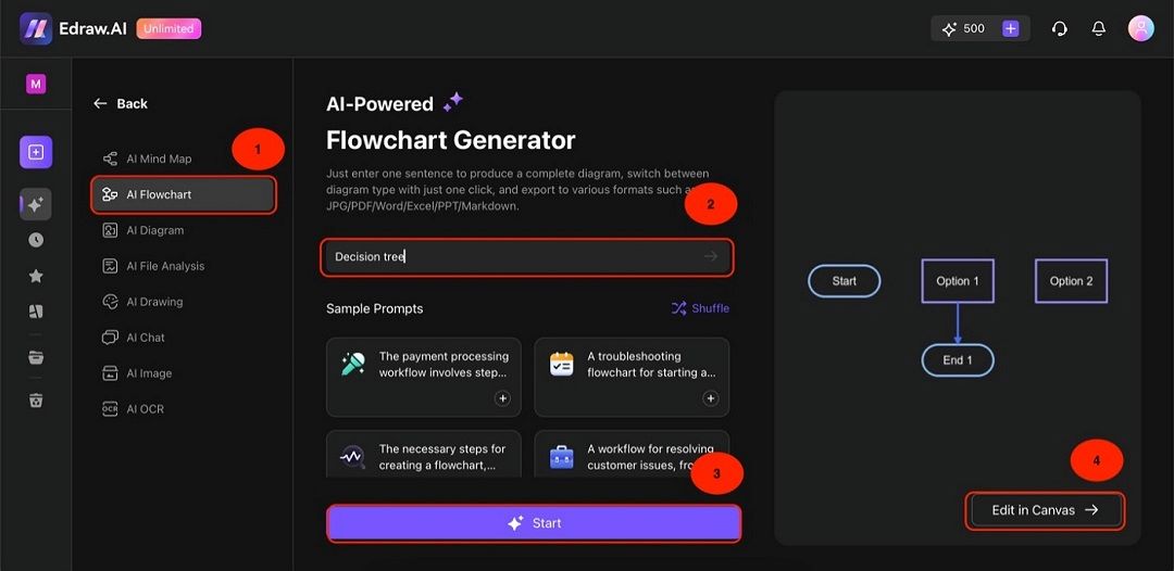 edraw ai flowchart generator page