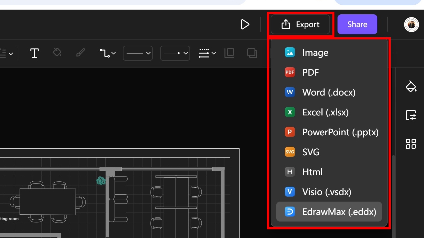 save and export in different formats on Edrawai