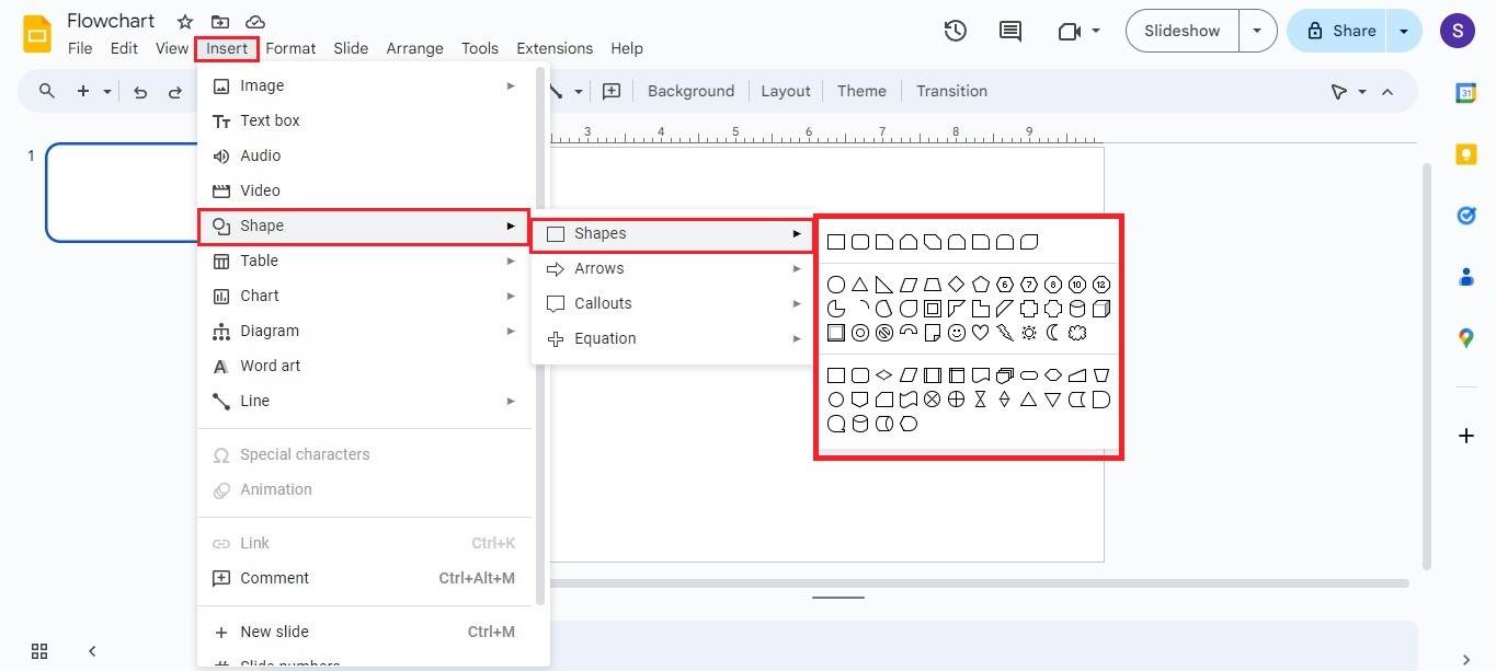 google slides insert flowchart shapes manually