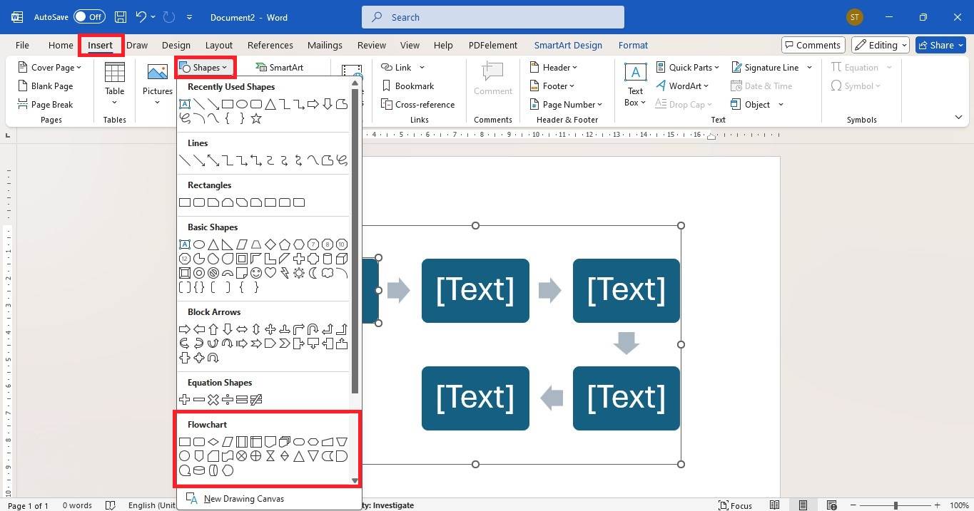 microsoft word add flowchart shapes