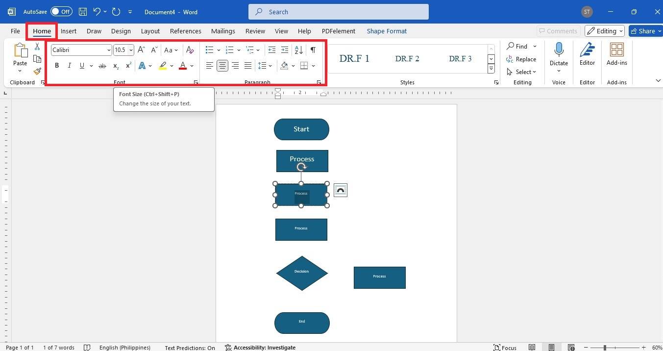 word customize text in flowchart