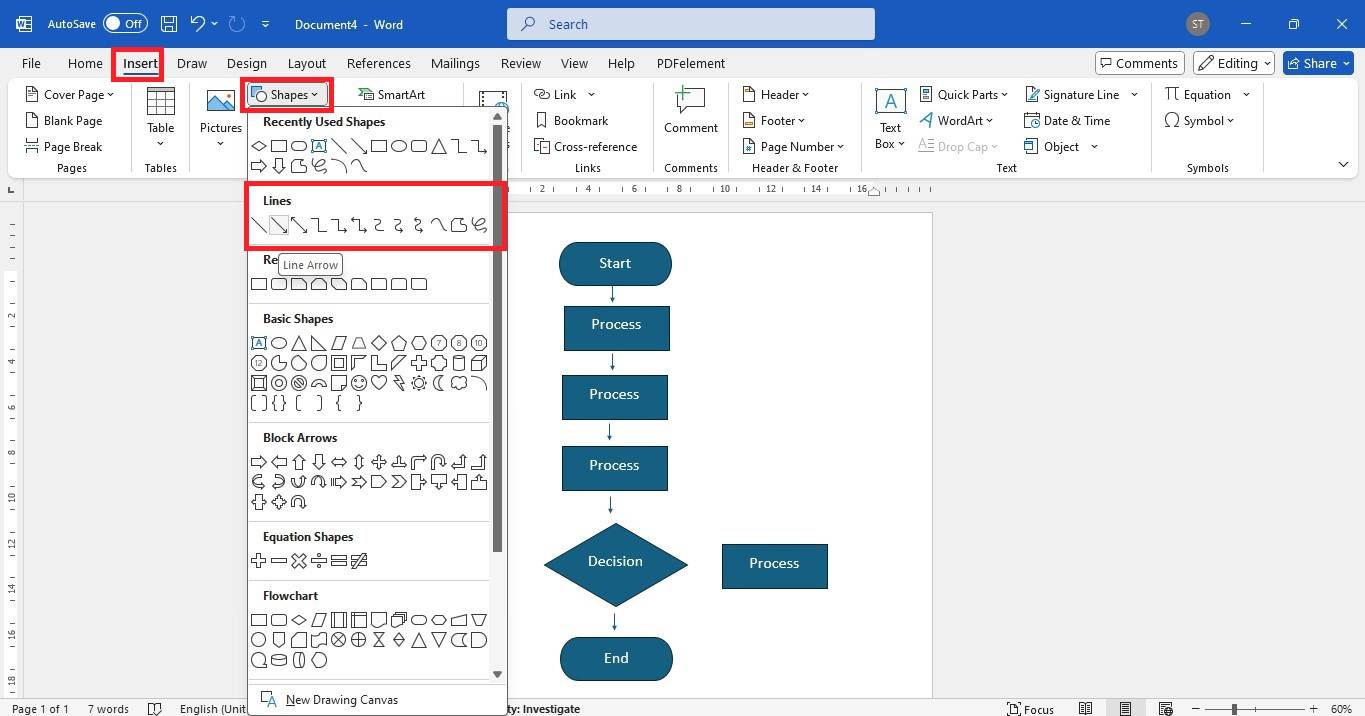 word add arrow in flowchart