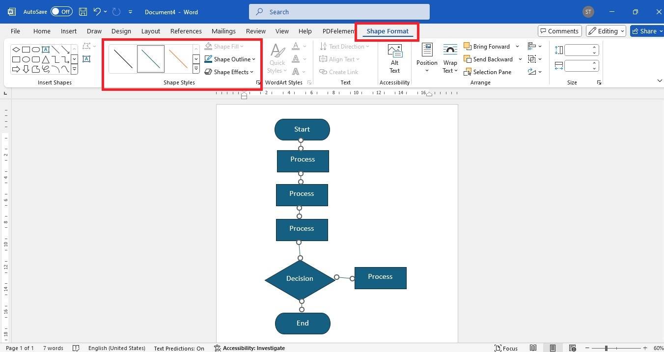 word connector shape format styles