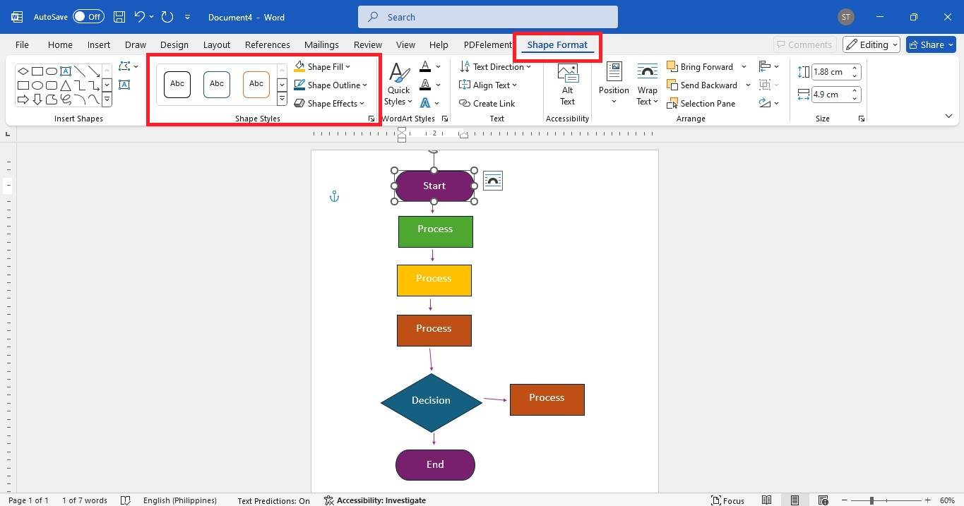 word customize flowchart manually