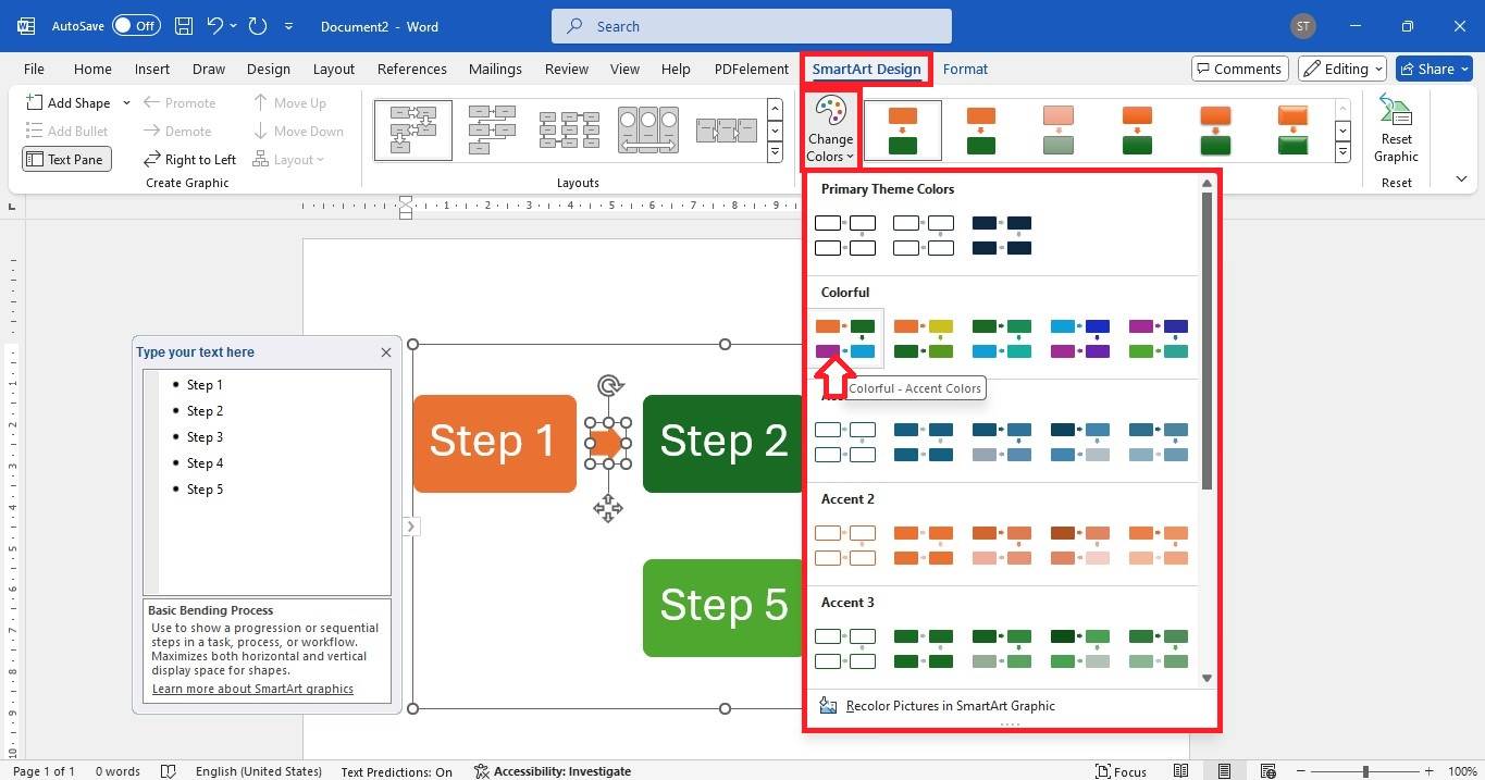 word custom flowchart color theme