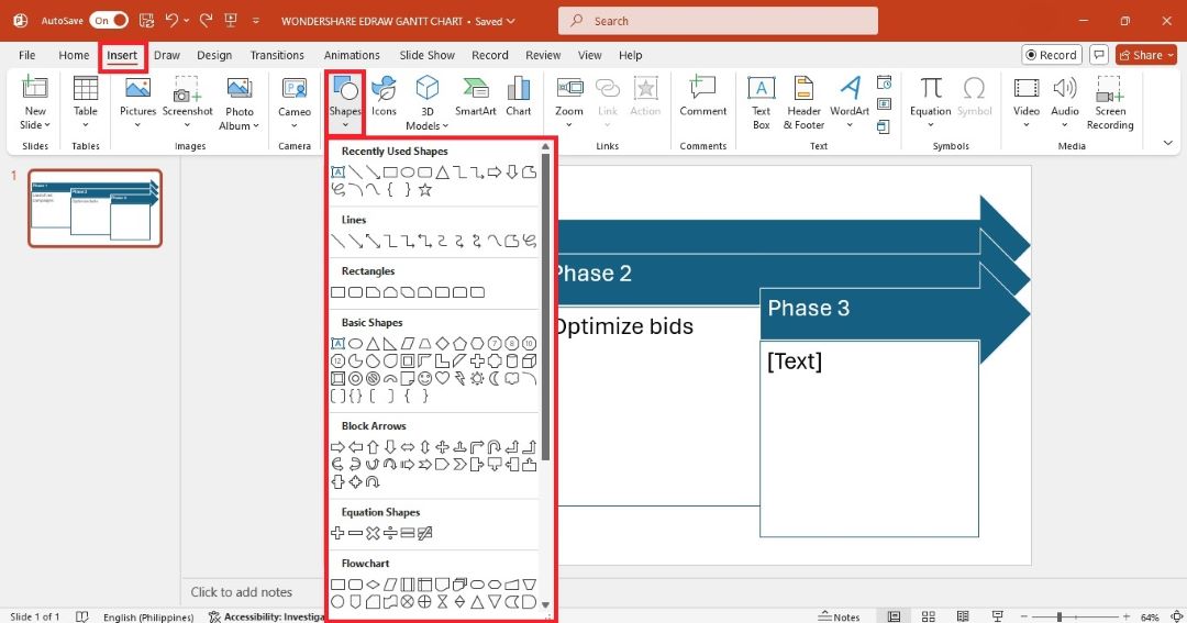 powerpoint insert a shape gantt chart