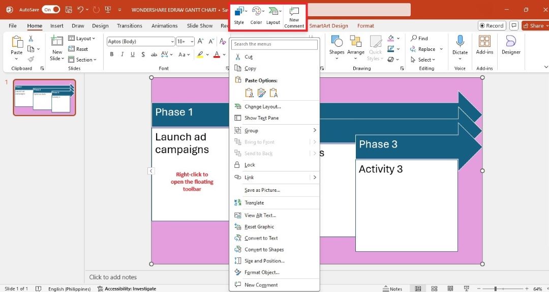 customize gantt chart using floating toolbar