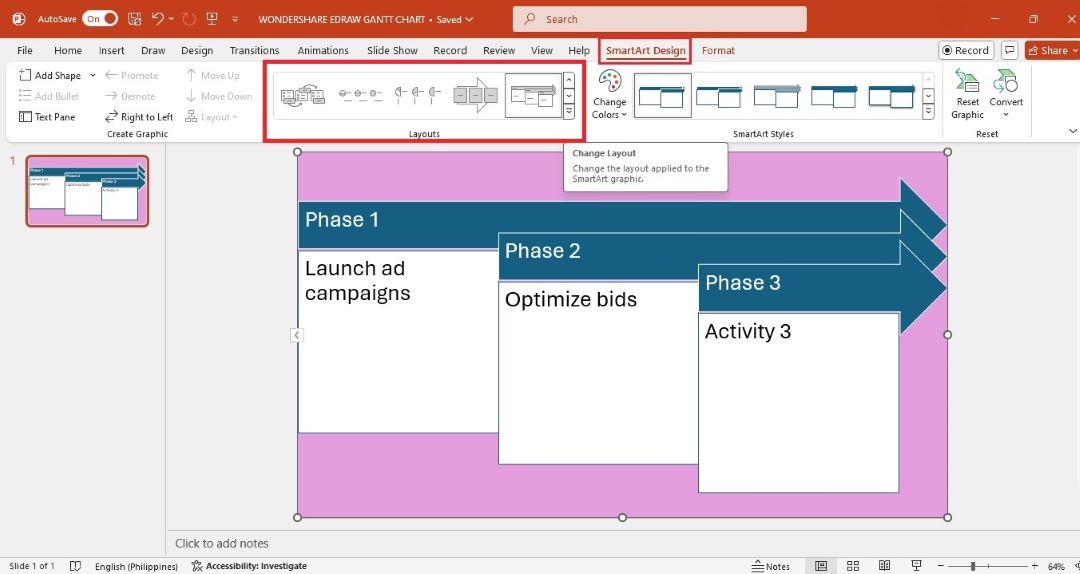 change smartart graphic gantt chart layout