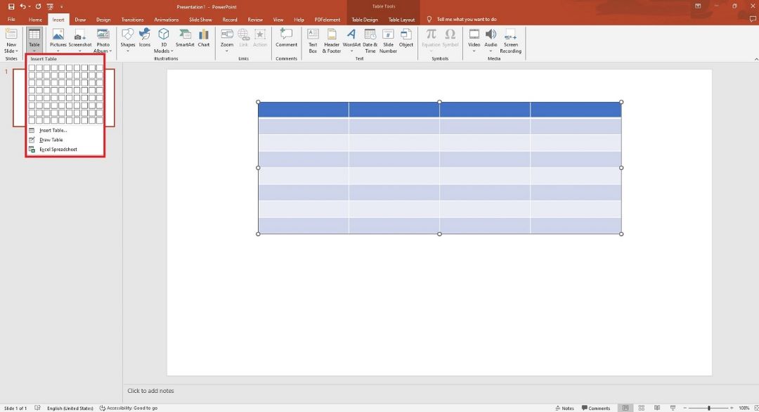 adding table powerpoint