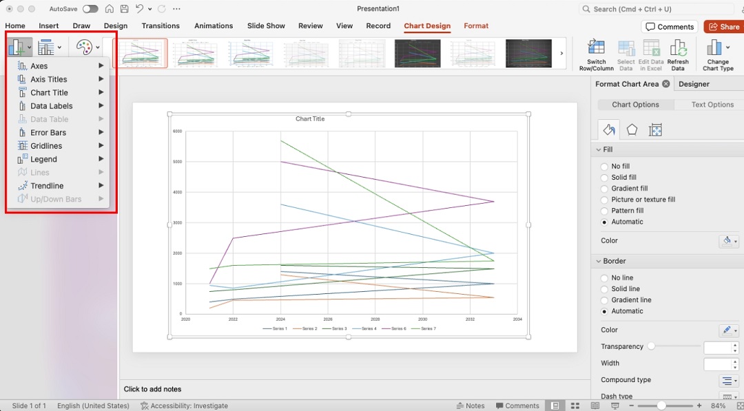 select chart elements from the upper navigation bar 