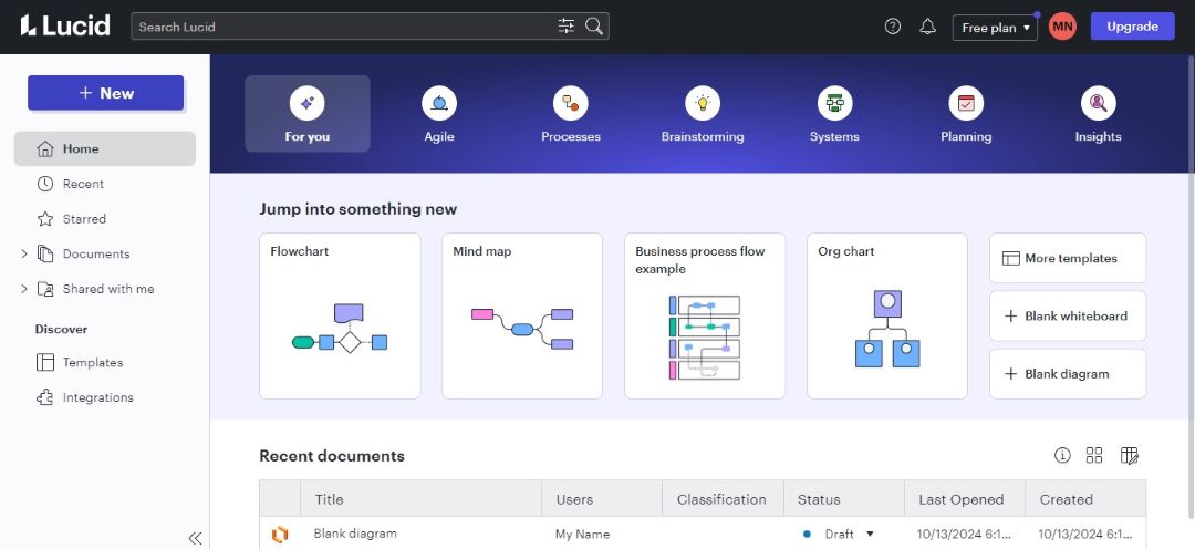 lucidchart home page interface