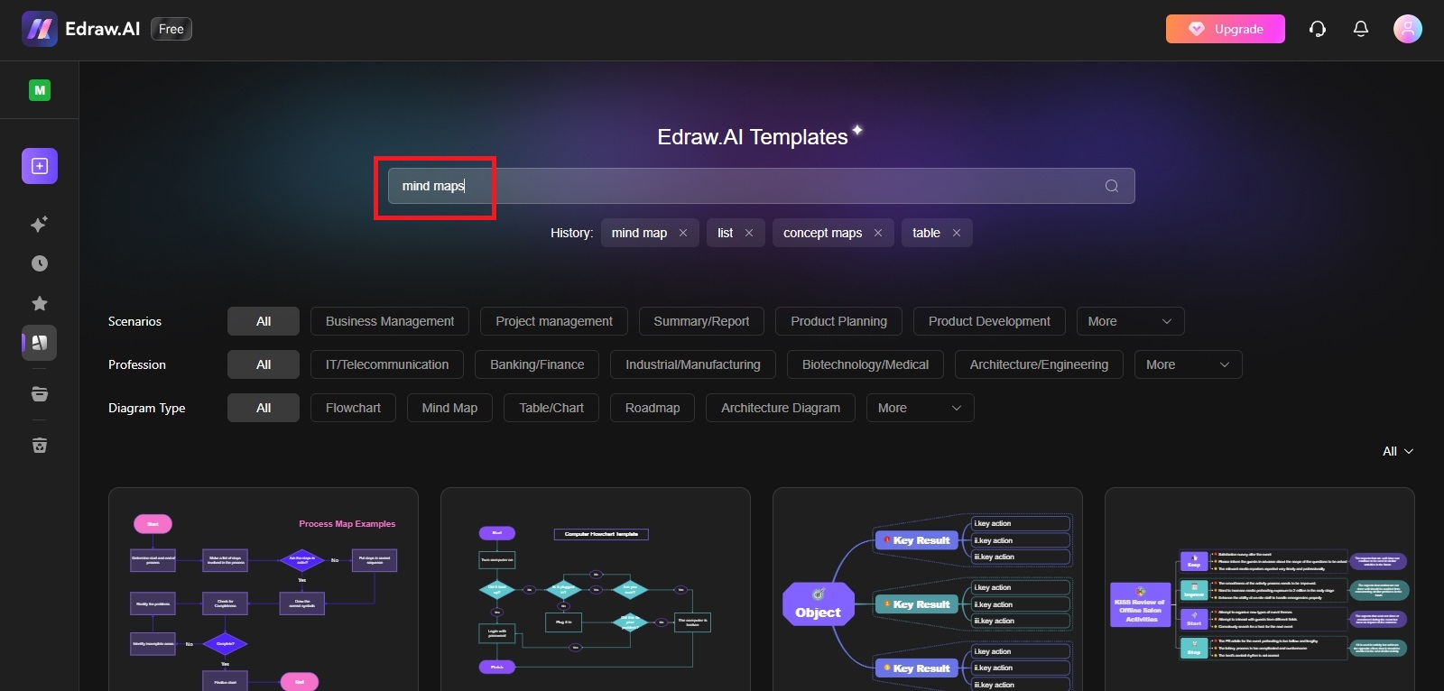 search for edraw ai mind map templates