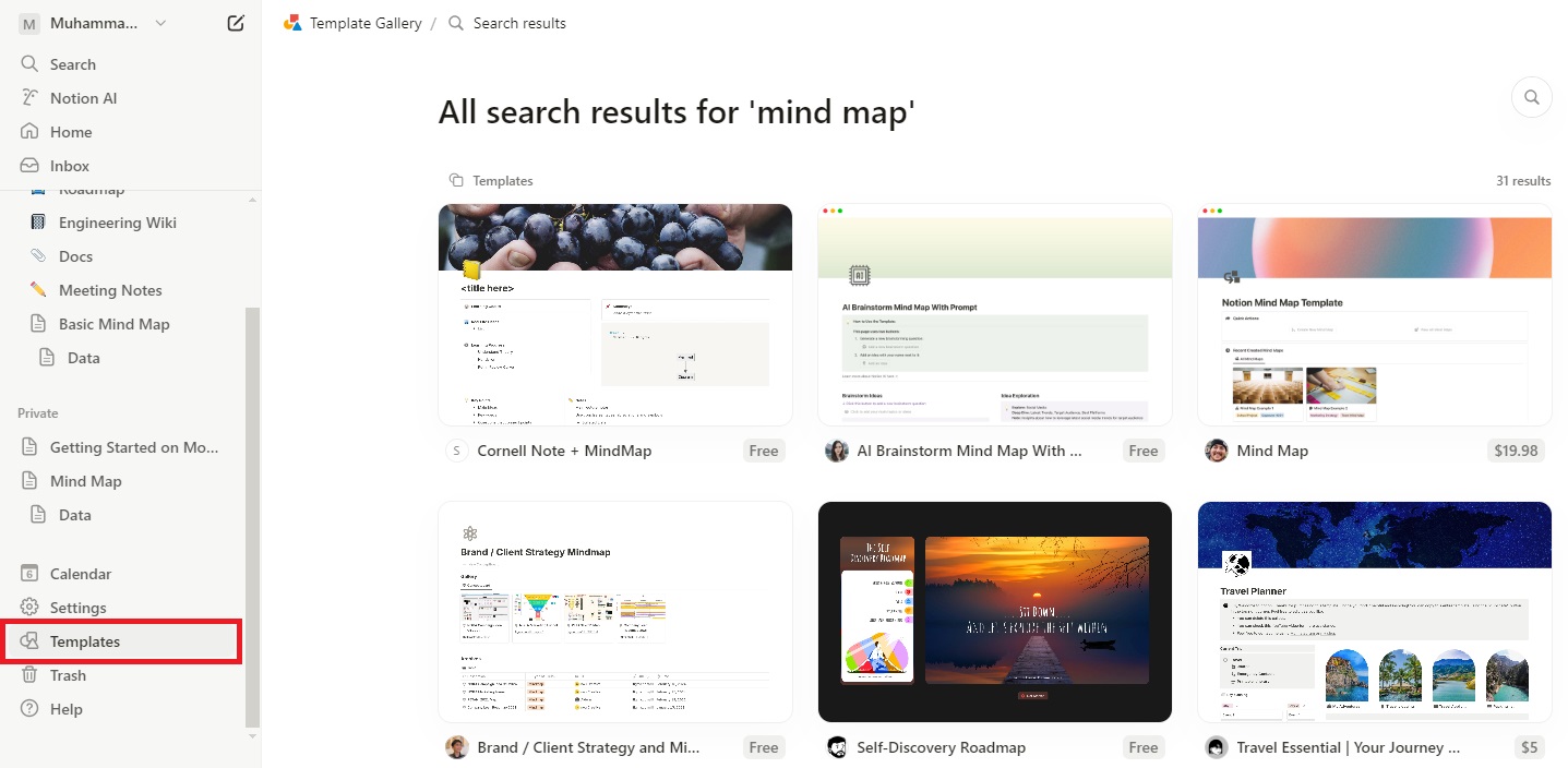 select mind map templates in notion