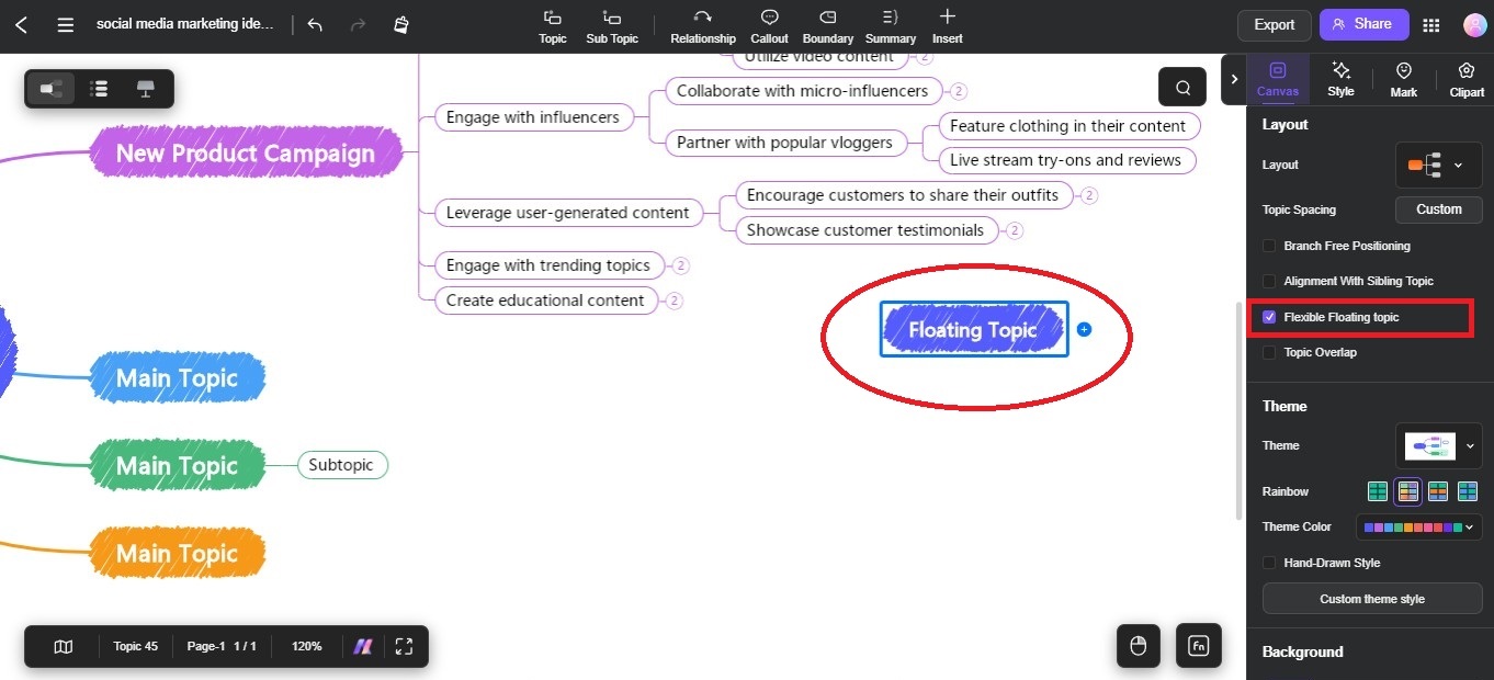 mind map with flexible floating topic