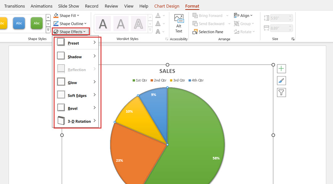 Shape effects for pie chart