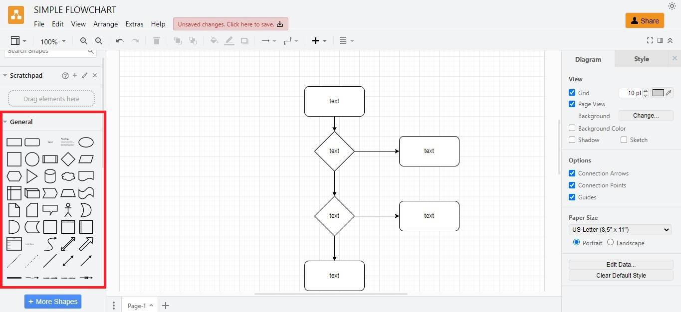 draw.io editor general shapes library interface