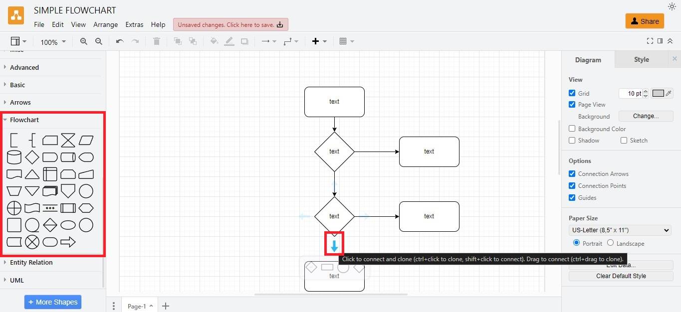 draw.io connect simple flowchart shapes automatically