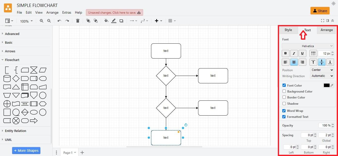 draw.io flowchart symbols and text customization