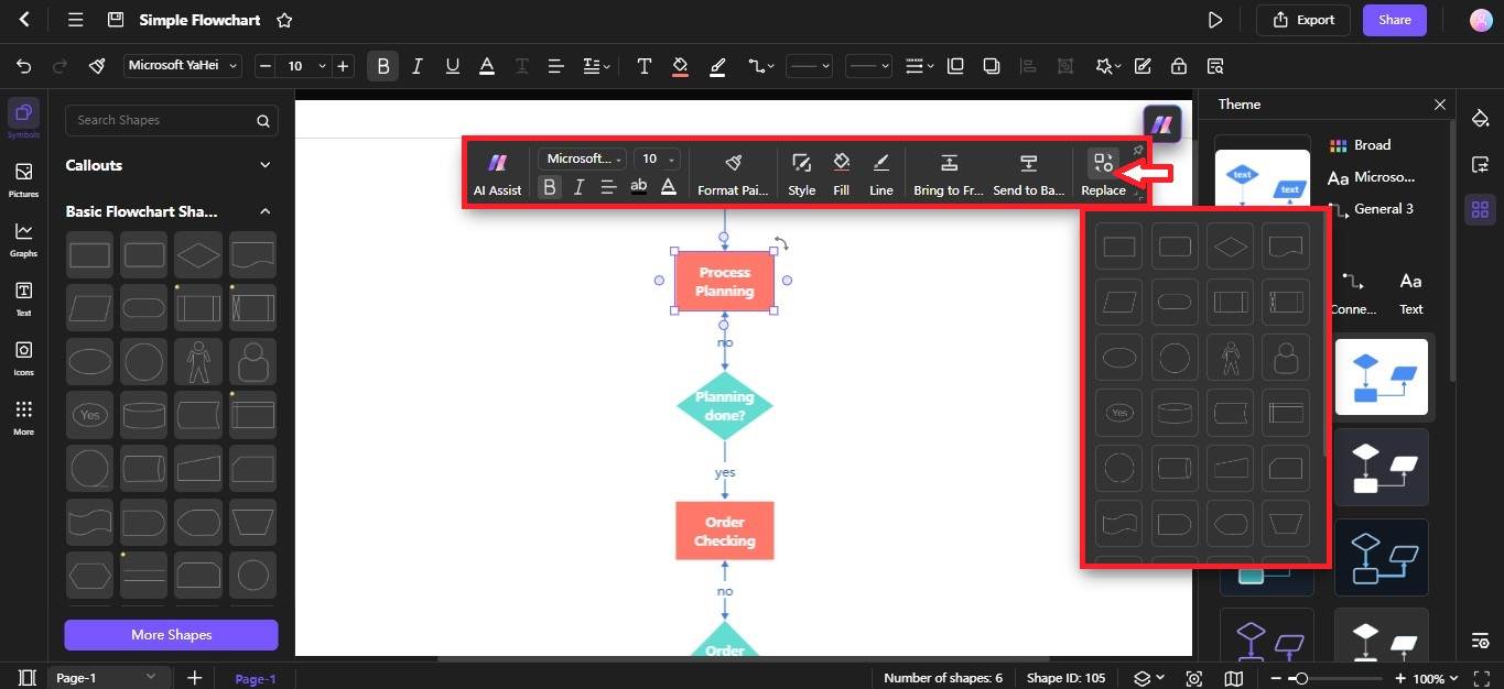 edraw.ai add and replace flowchart shapes