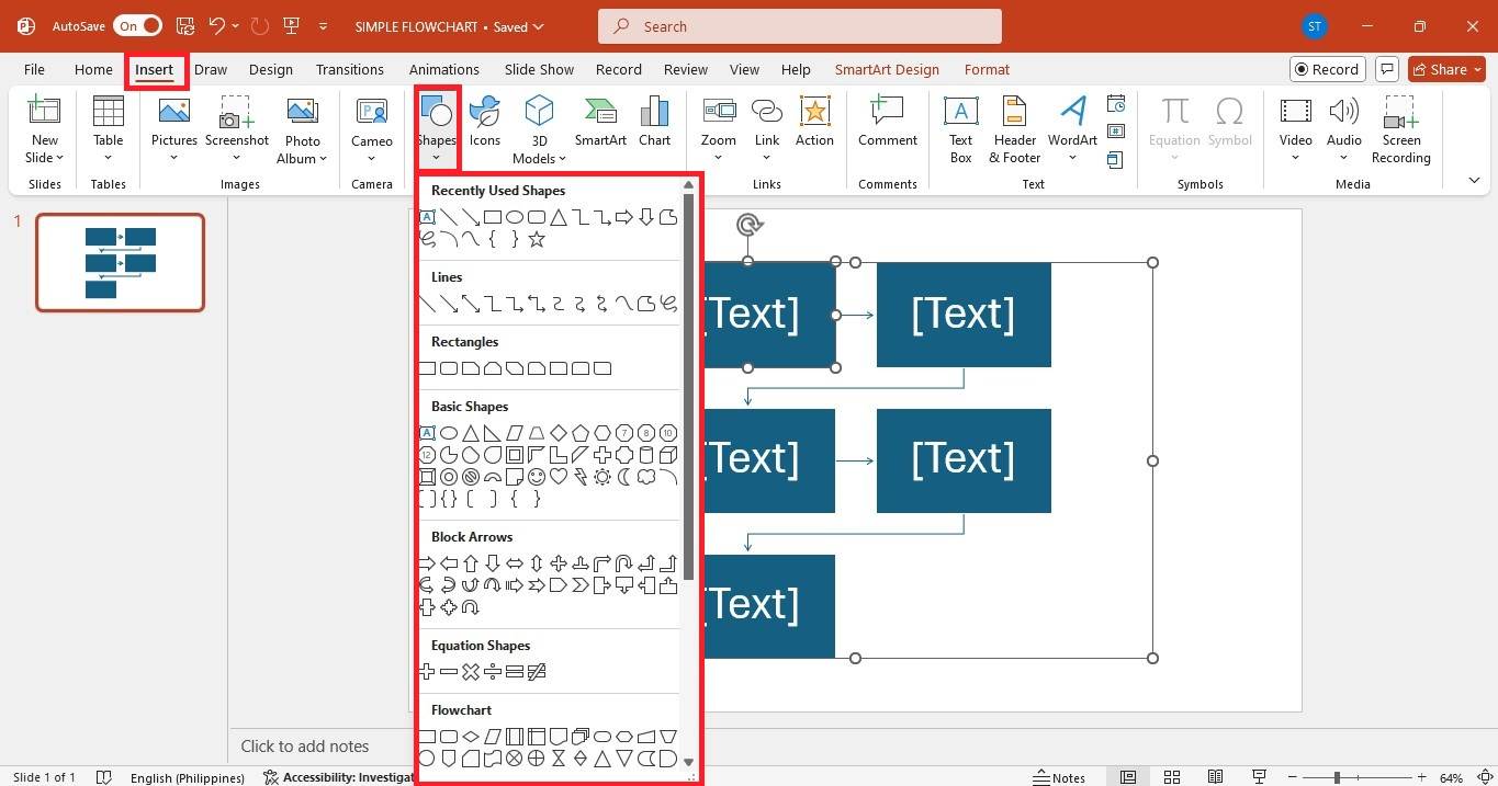 add shapes to flowchart in powerpoint