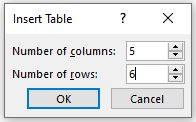 enter the rows and columns to the table