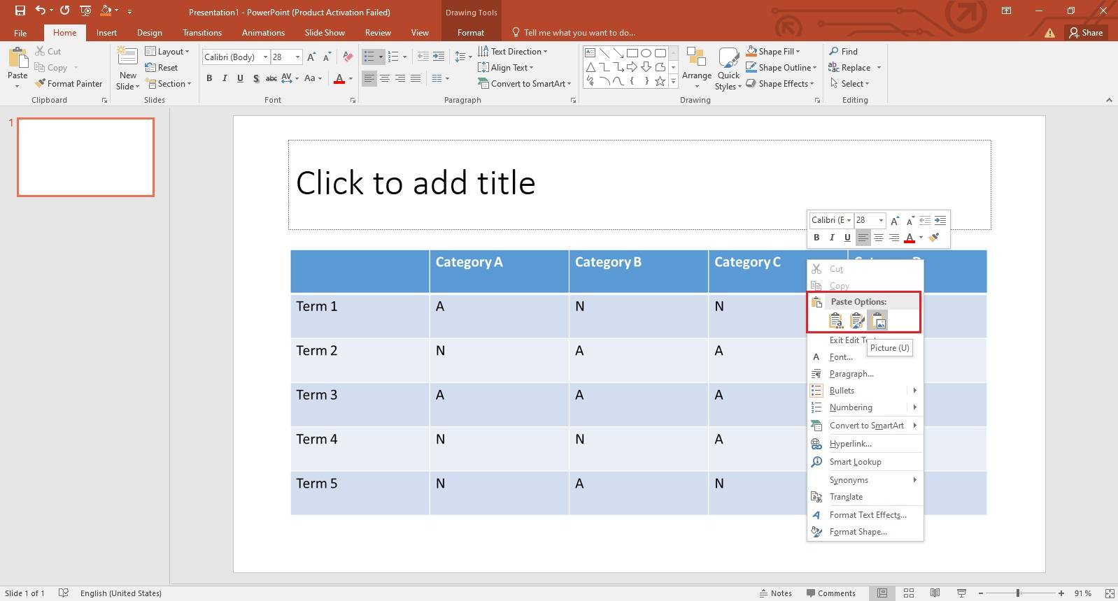 paste the table into the slide