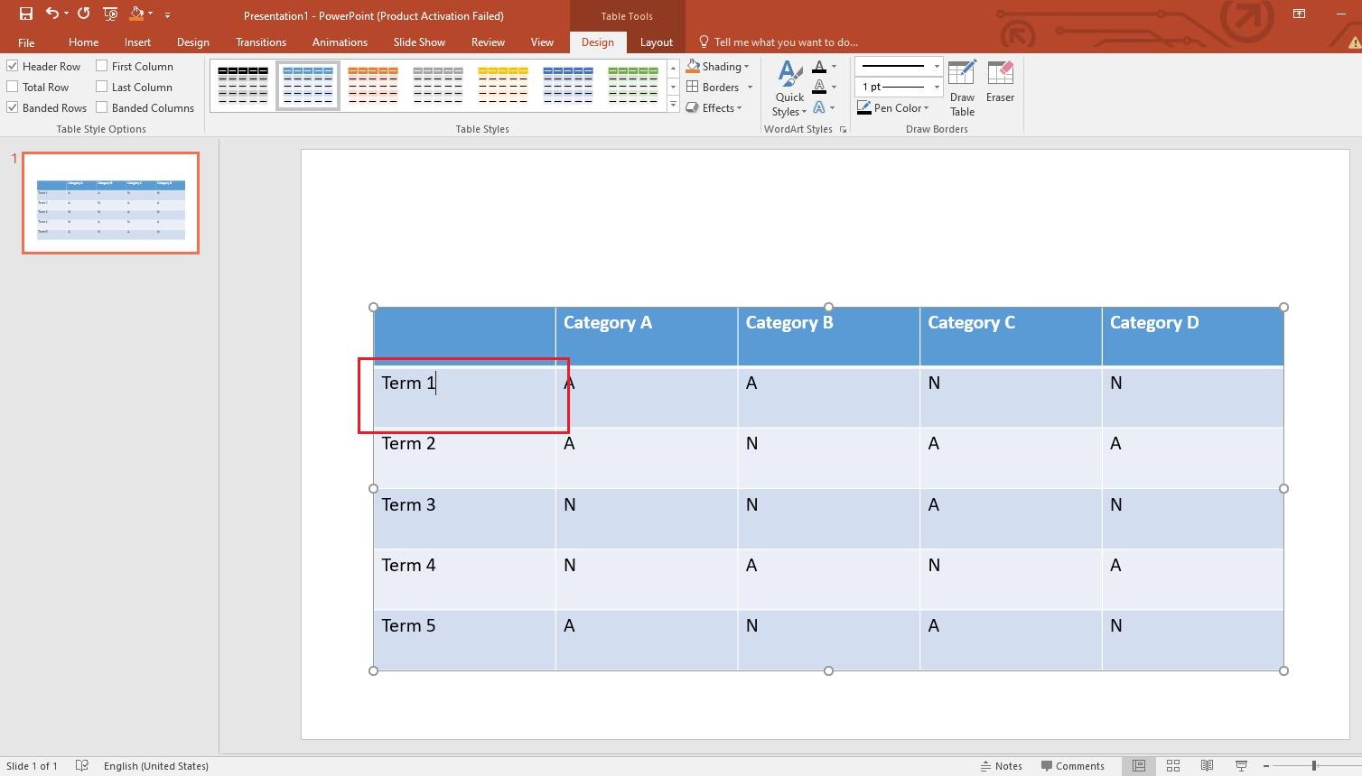 enter data to the table in powerpoint