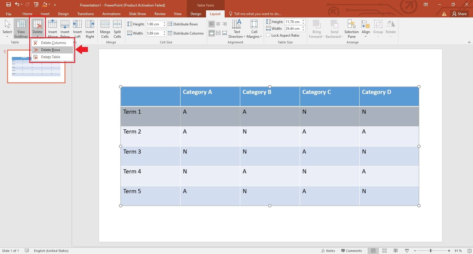 delete a row or column from the table