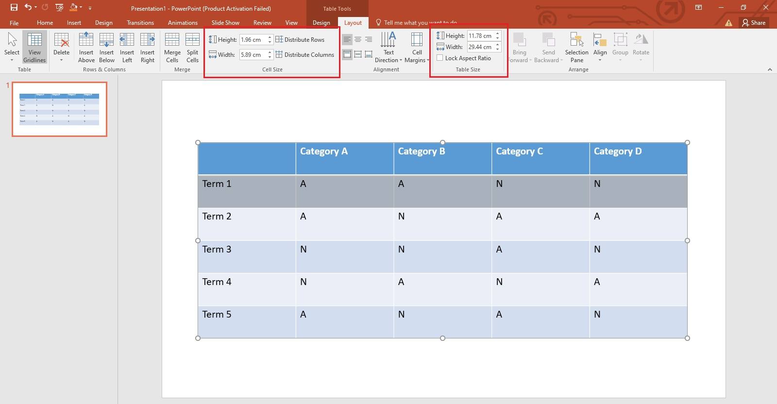 adjust the table size and cell size