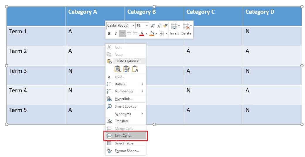 split a cell in a table