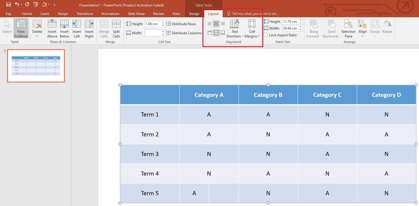 align the powerpoint table