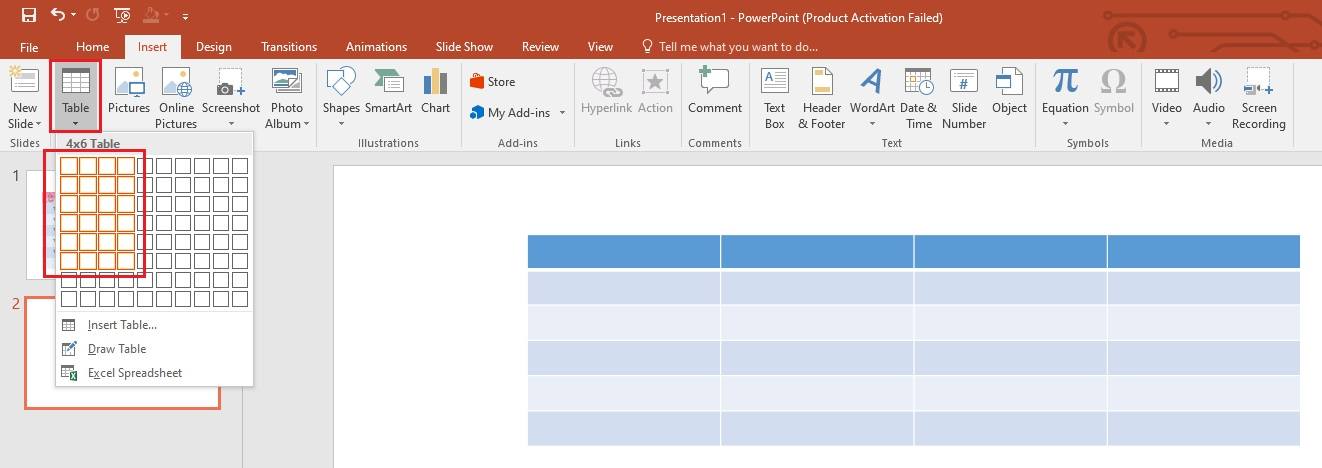 insert a table with specific rows and columns