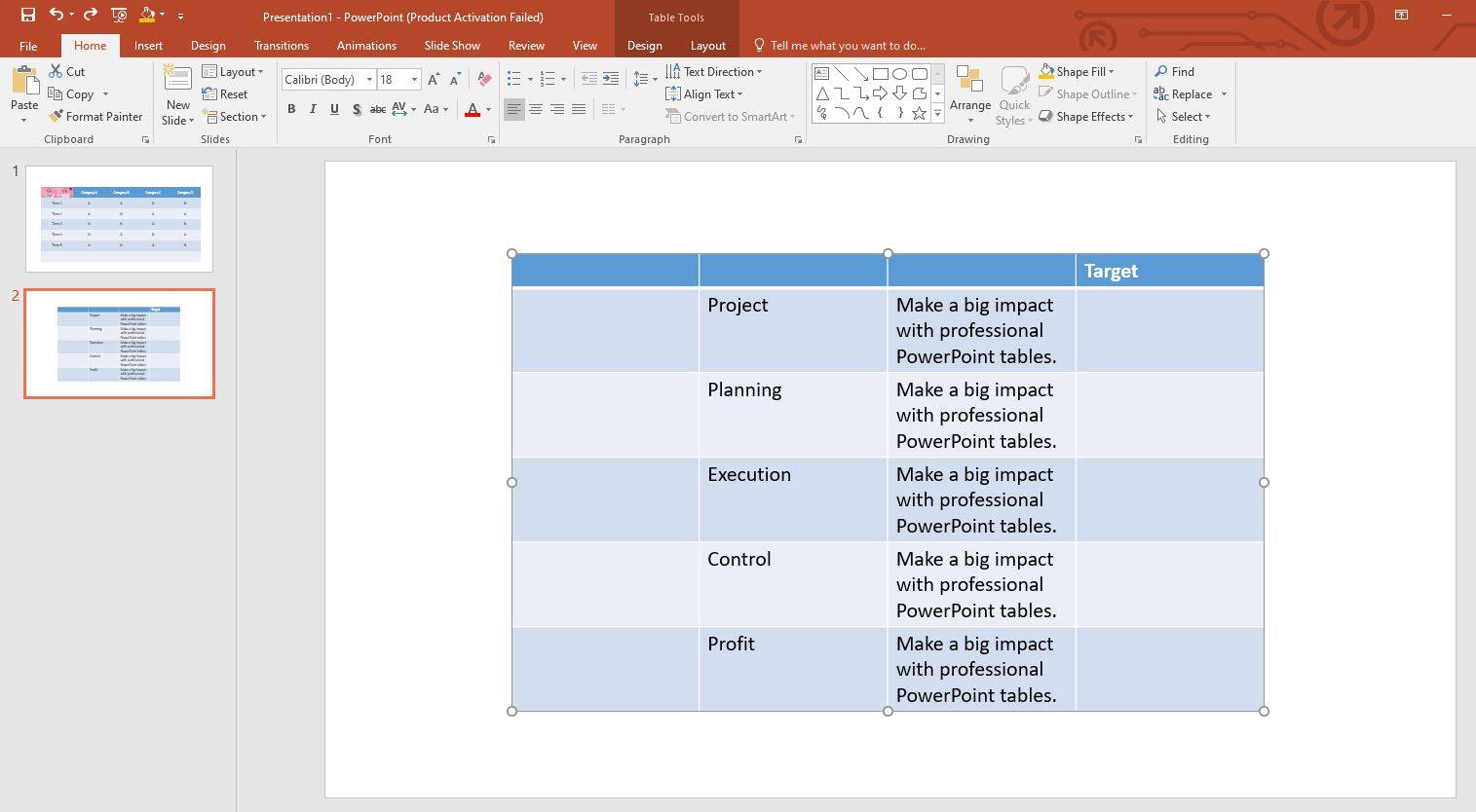 enter text to the powerpoint table