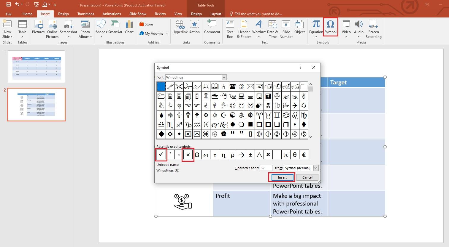 insert symbols into the table