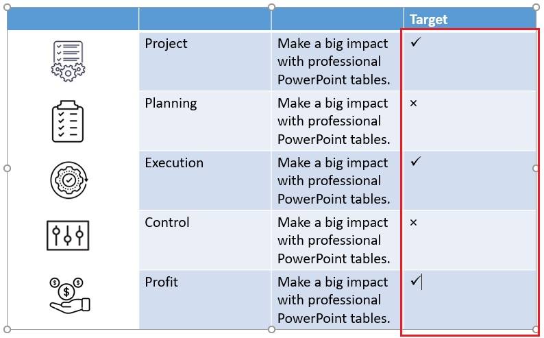 insert symbols in powerpoint table