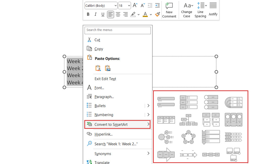 Using the Convert to SmartArt option