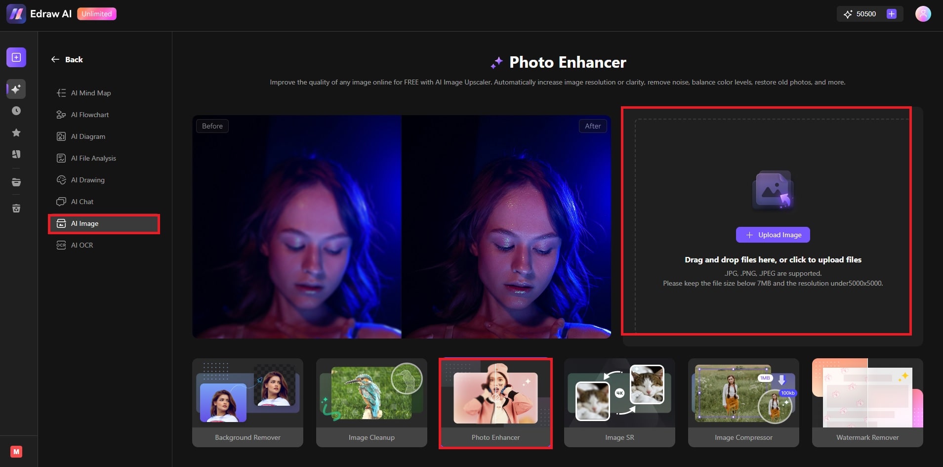 ai photo enhancer main user interface