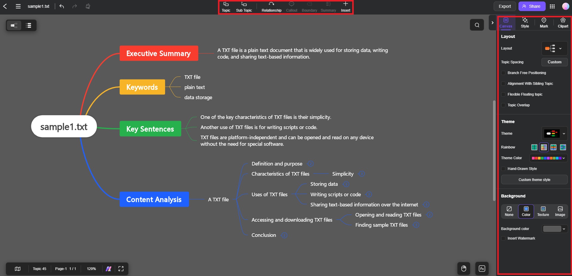 txt file turned to mind map