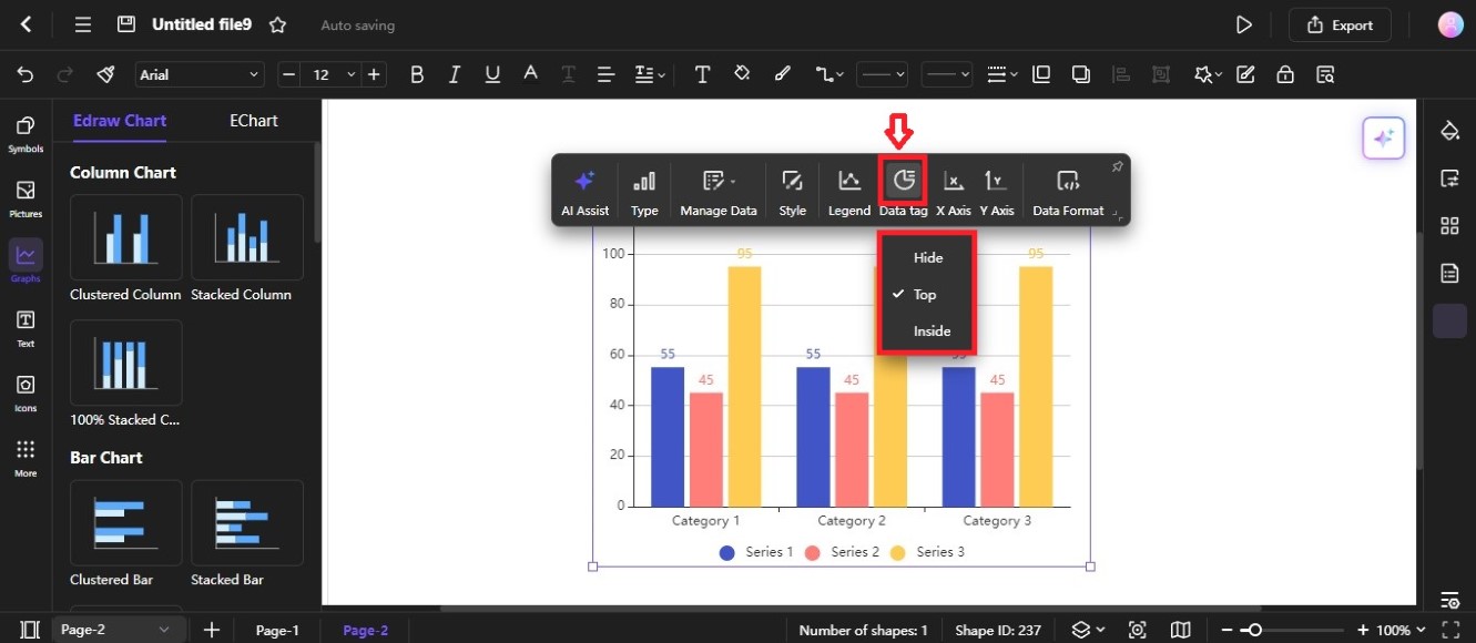 data tag from toolbar for chart