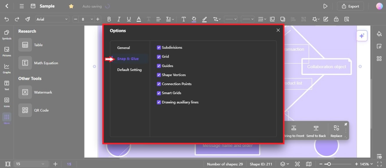 edraw.ai snap and glue default setting