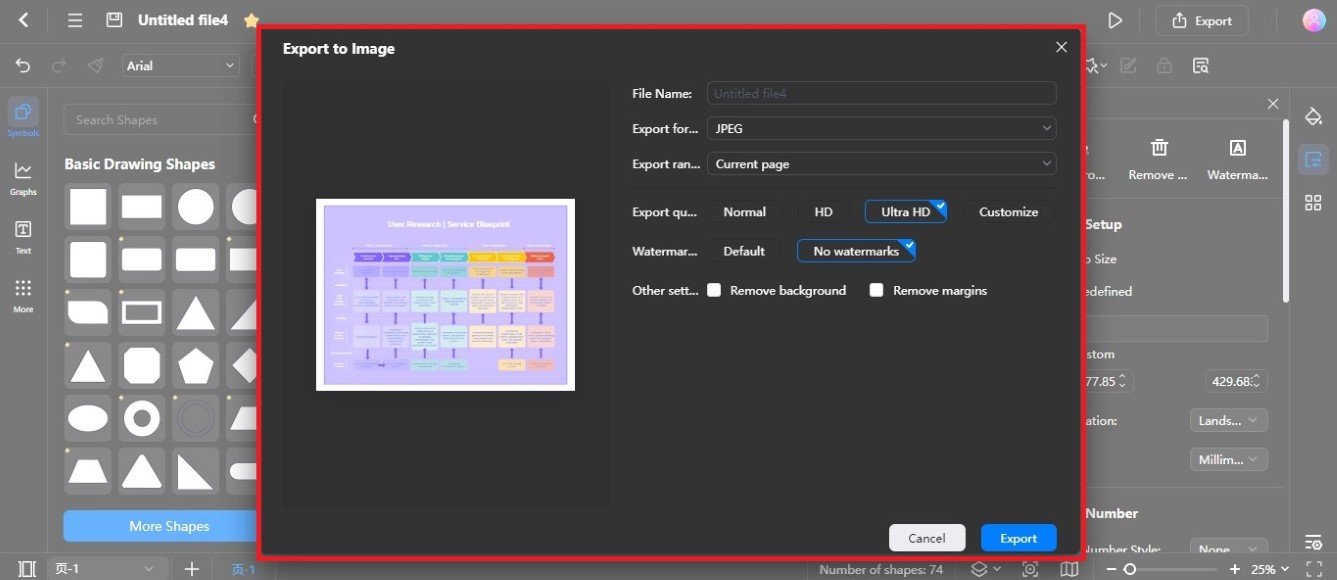 export settings pop-up window