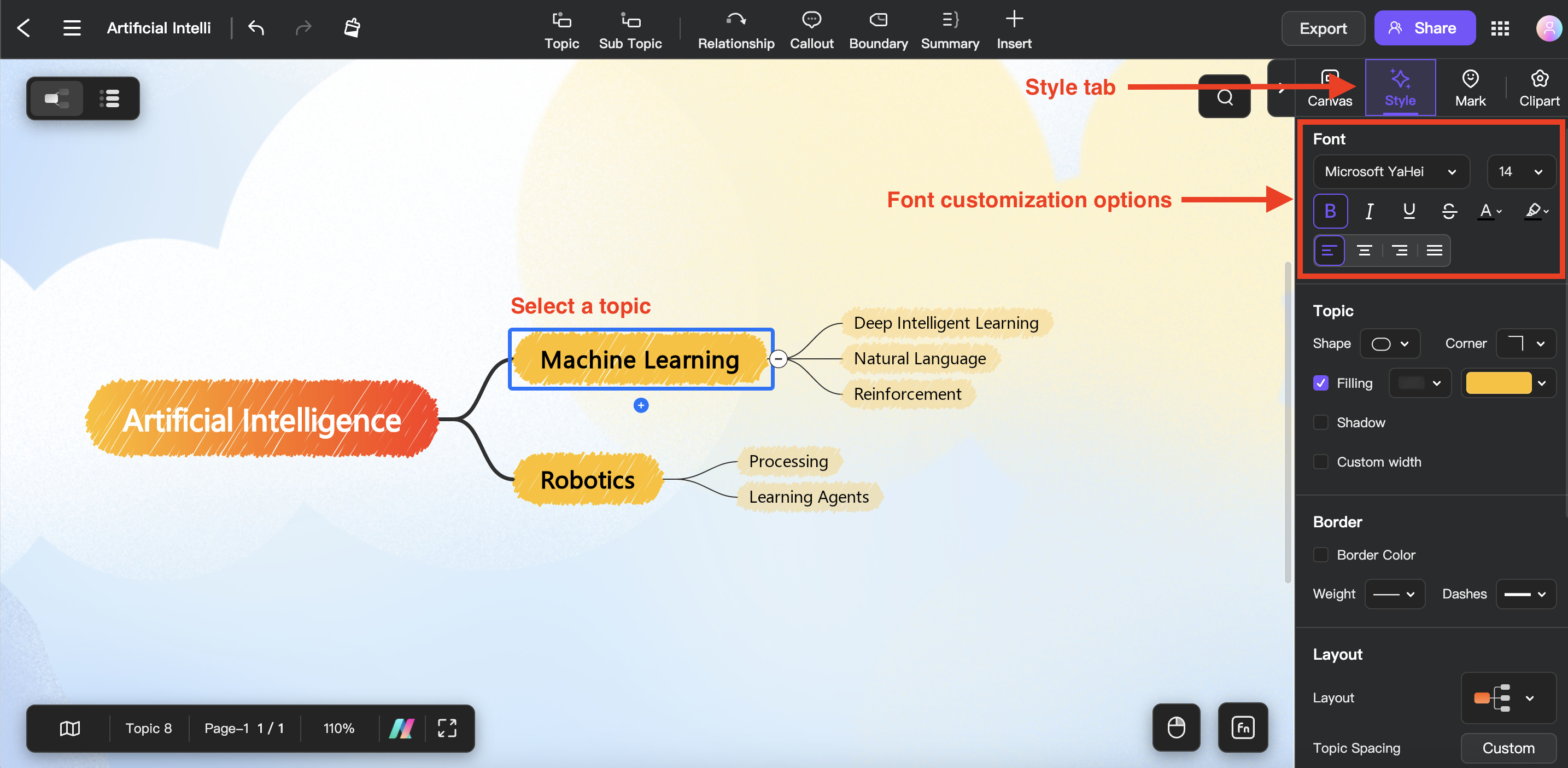  mind map font style tab