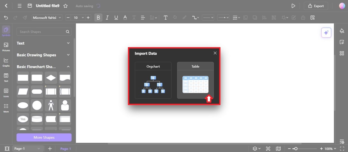 import data to create table diagram