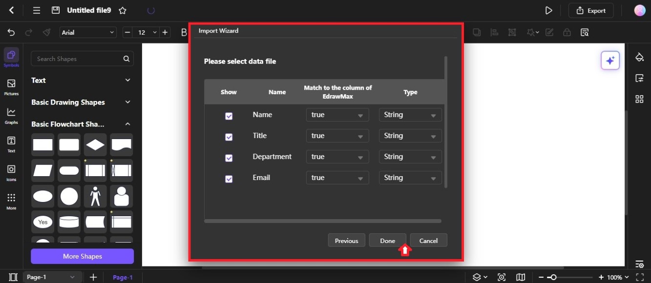 data file fields to create diagram