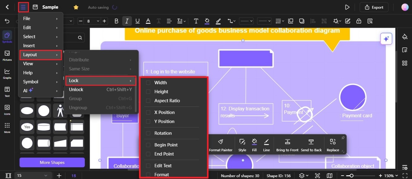 layout lock shape attributes on diagram