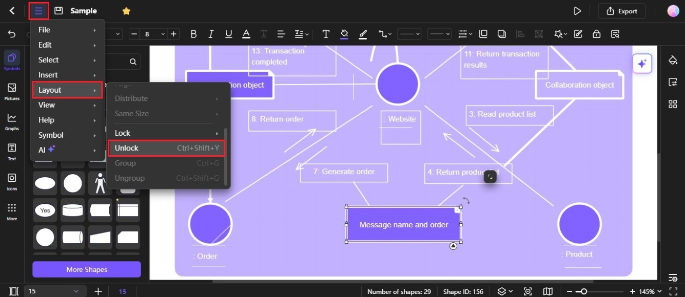 layout unlock shapes in a diagram