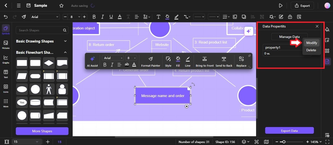 modify shape data property for diagram