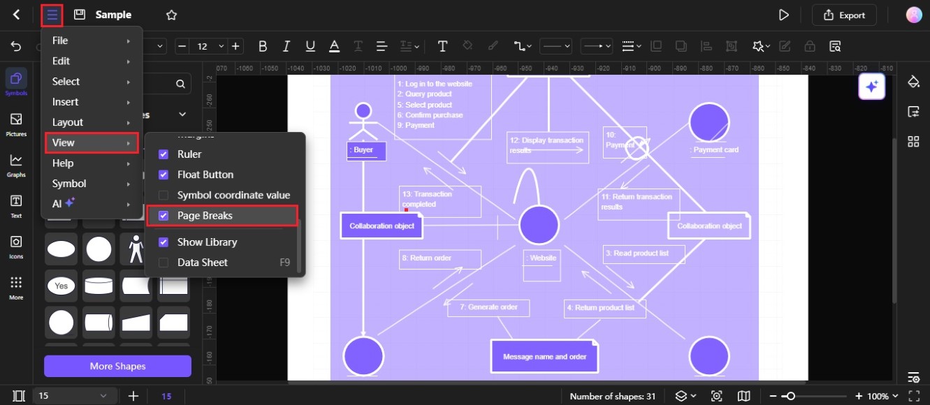 view page breaks in the diagram