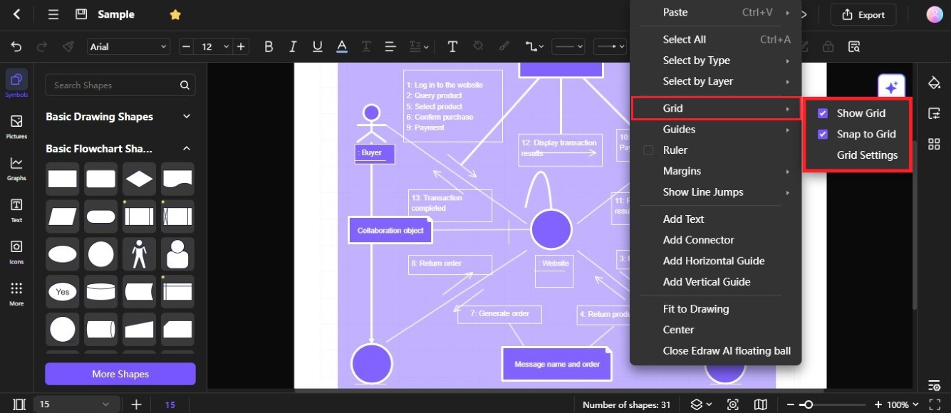 right-click diagram to show grid